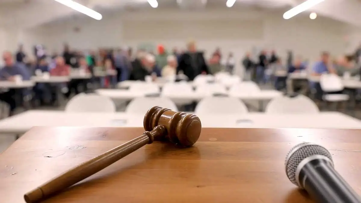 Bidders seated at a Peoples Company farmland auction