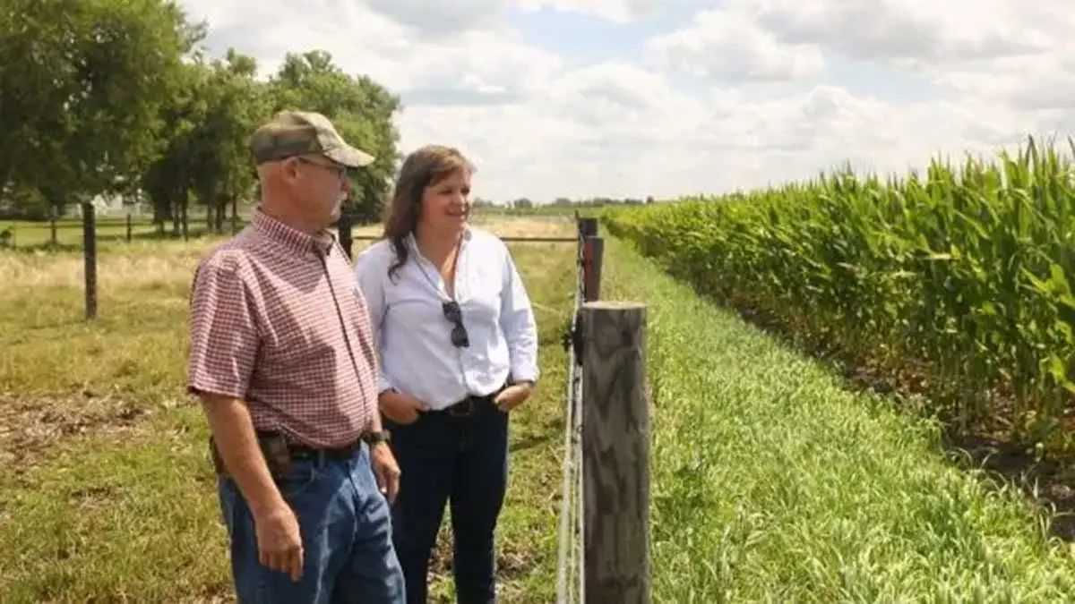 A farm manager and landowner walking a field of row crop